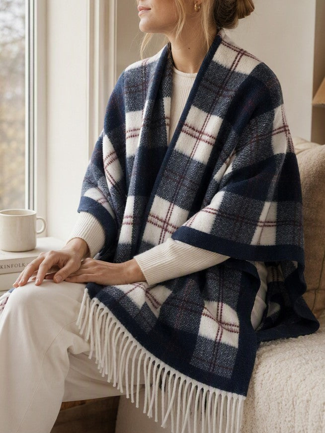 Plaid Fringe Poncho Wrap Scarf with Open Front - Navy - 1