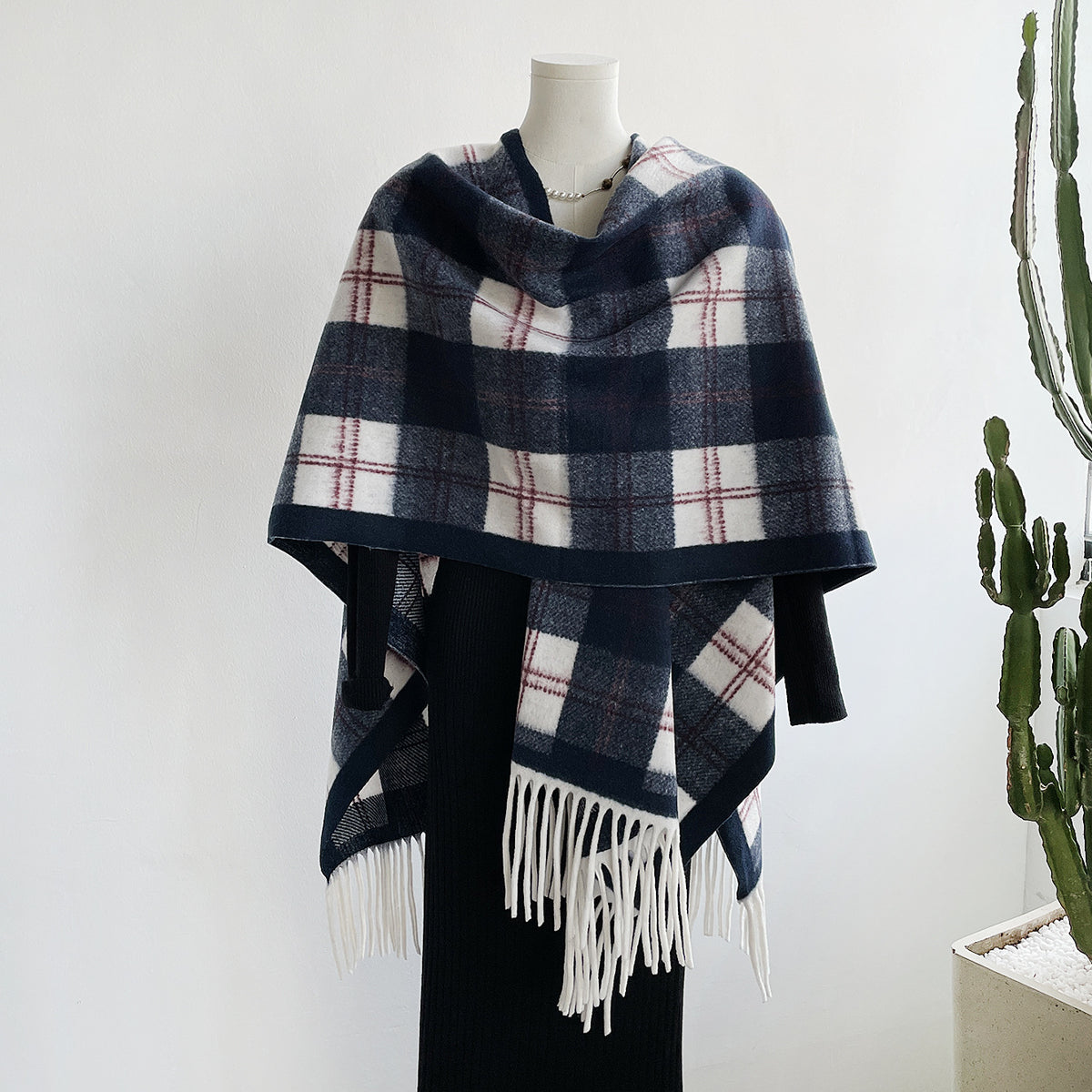 Plaid Fringe Poncho Wrap Scarf with Open Front - Navy - 2