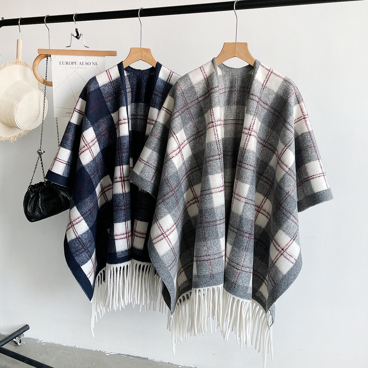 Plaid Fringe Poncho Wrap Scarf with Open Front