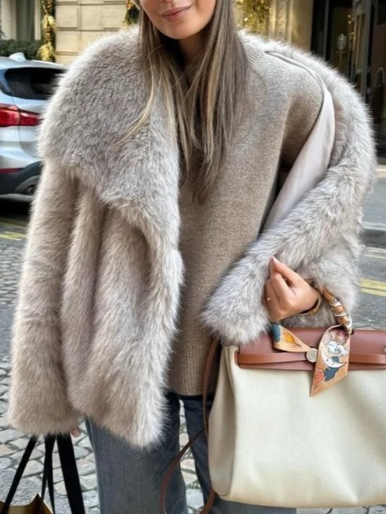 Two Tone Faux Fur Portrait Collar Coat - taupe