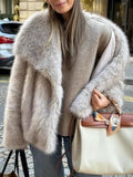 Two Tone Faux Fur Portrait Collar Coat - taupe