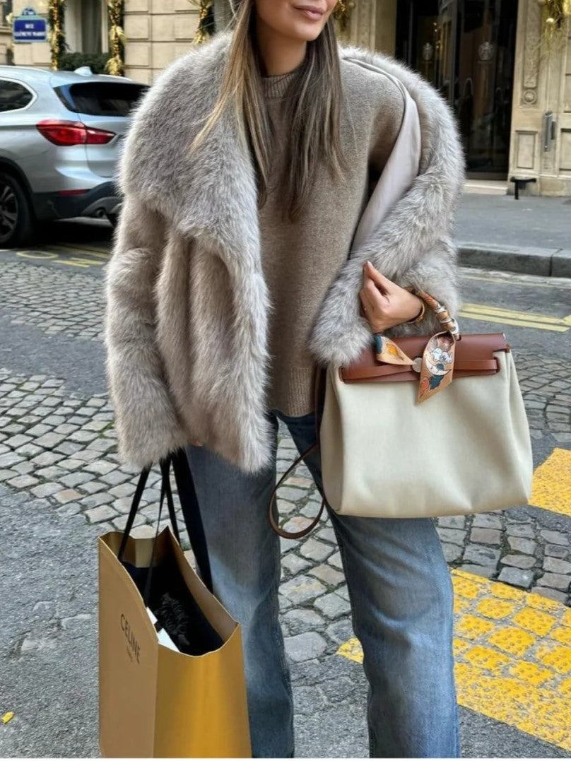 Two Tone Faux Fur Portrait Collar Coat - taupe - 1