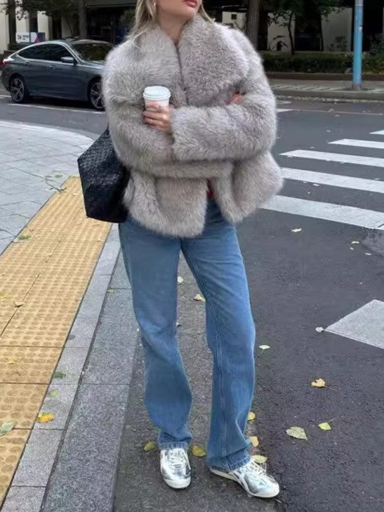 Two Tone Faux Fur Portrait Collar Coat - taupe - 2