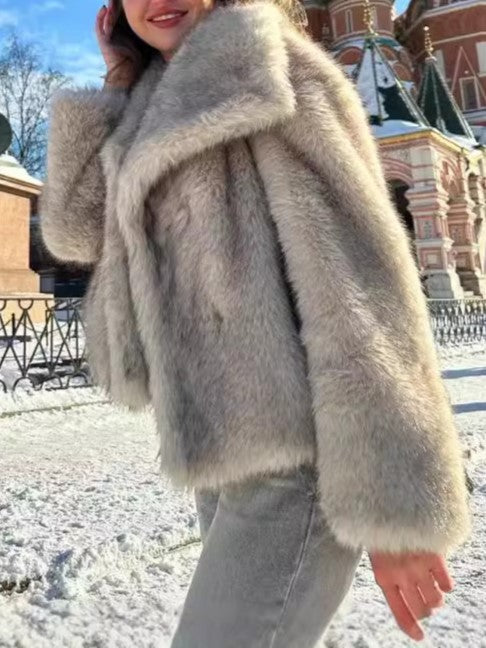 Two Tone Faux Fur Portrait Collar Coat - taupe - 3