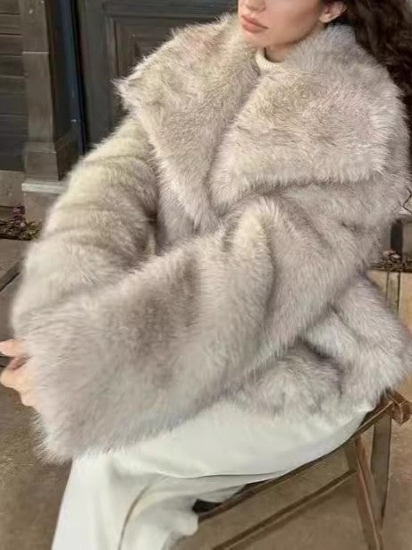 Two Tone Faux Fur Portrait Collar Coat - taupe - 4