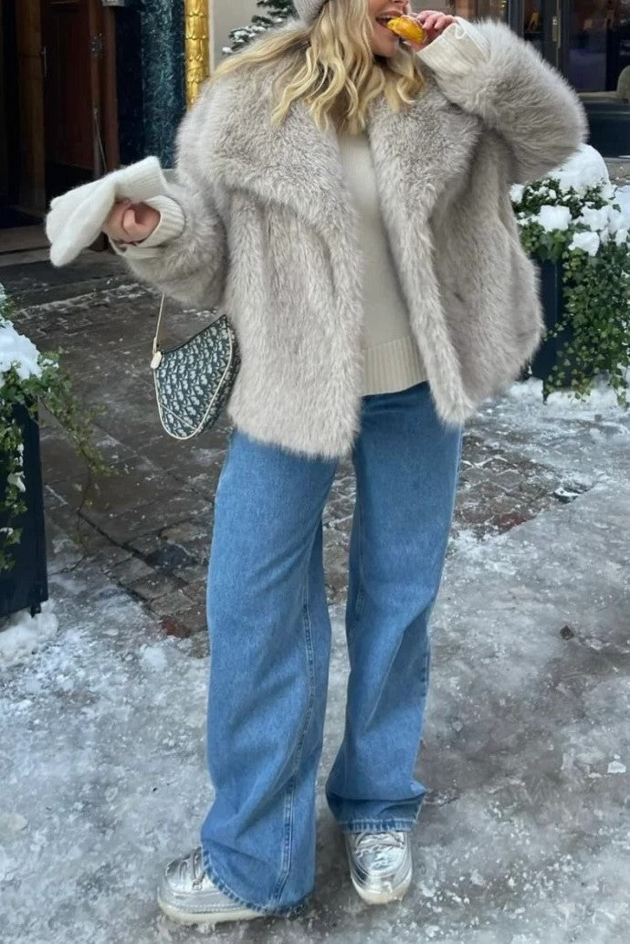 Two Tone Faux Fur Portrait Collar Coat - taupe - 5