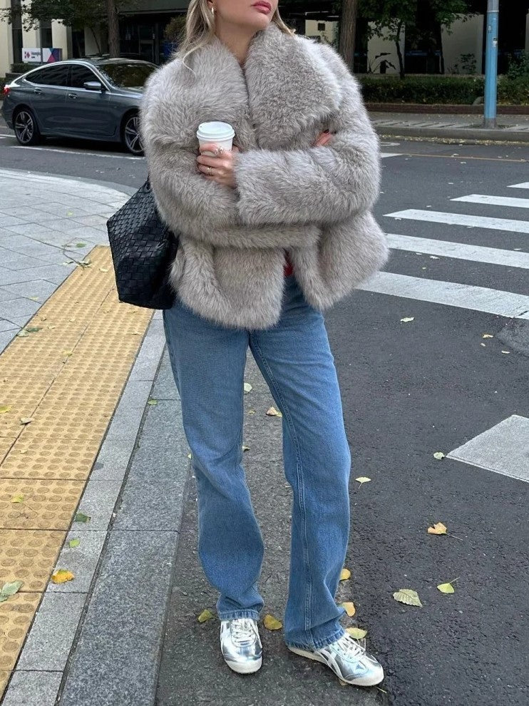 Two Tone Faux Fur Portrait Collar Coat - taupe - 6