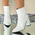 Glossy Patent Pointed Toe Block Heel Booties - White