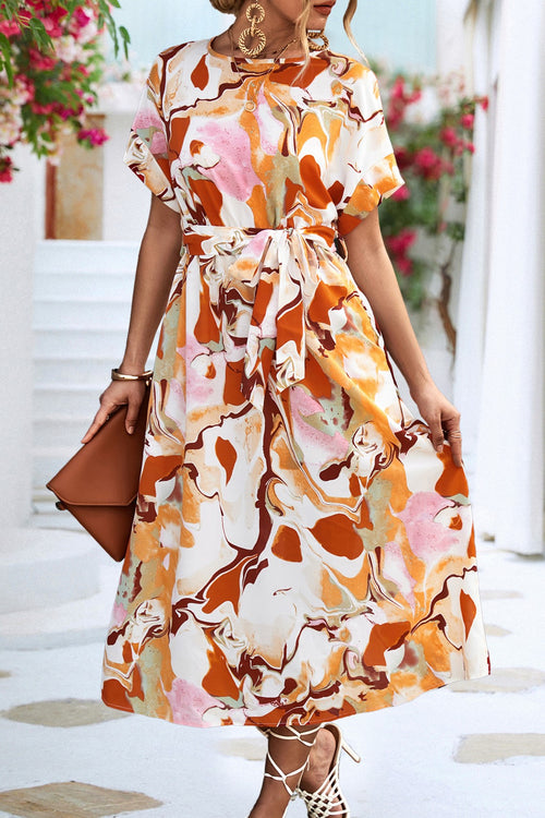 Abstract Brushstroke Print Tie Waist Midi Dress - Orange