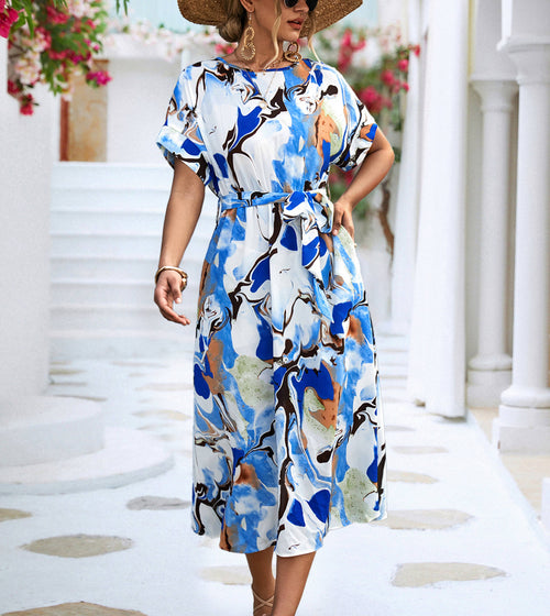 Abstract Brushstroke Print Tie Waist Midi Dress