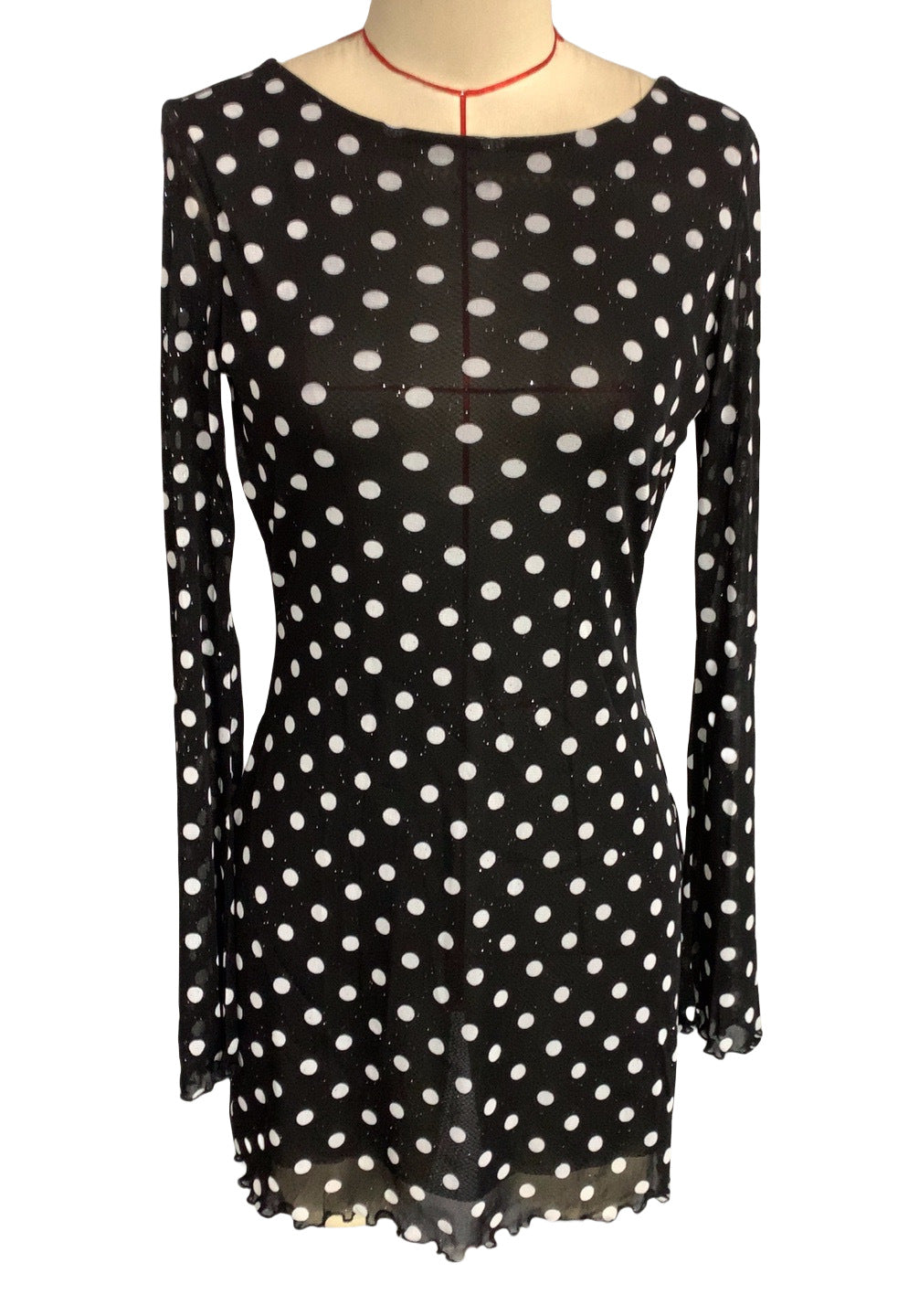 Polka Dot Mesh Open Back Mini Dress - Black