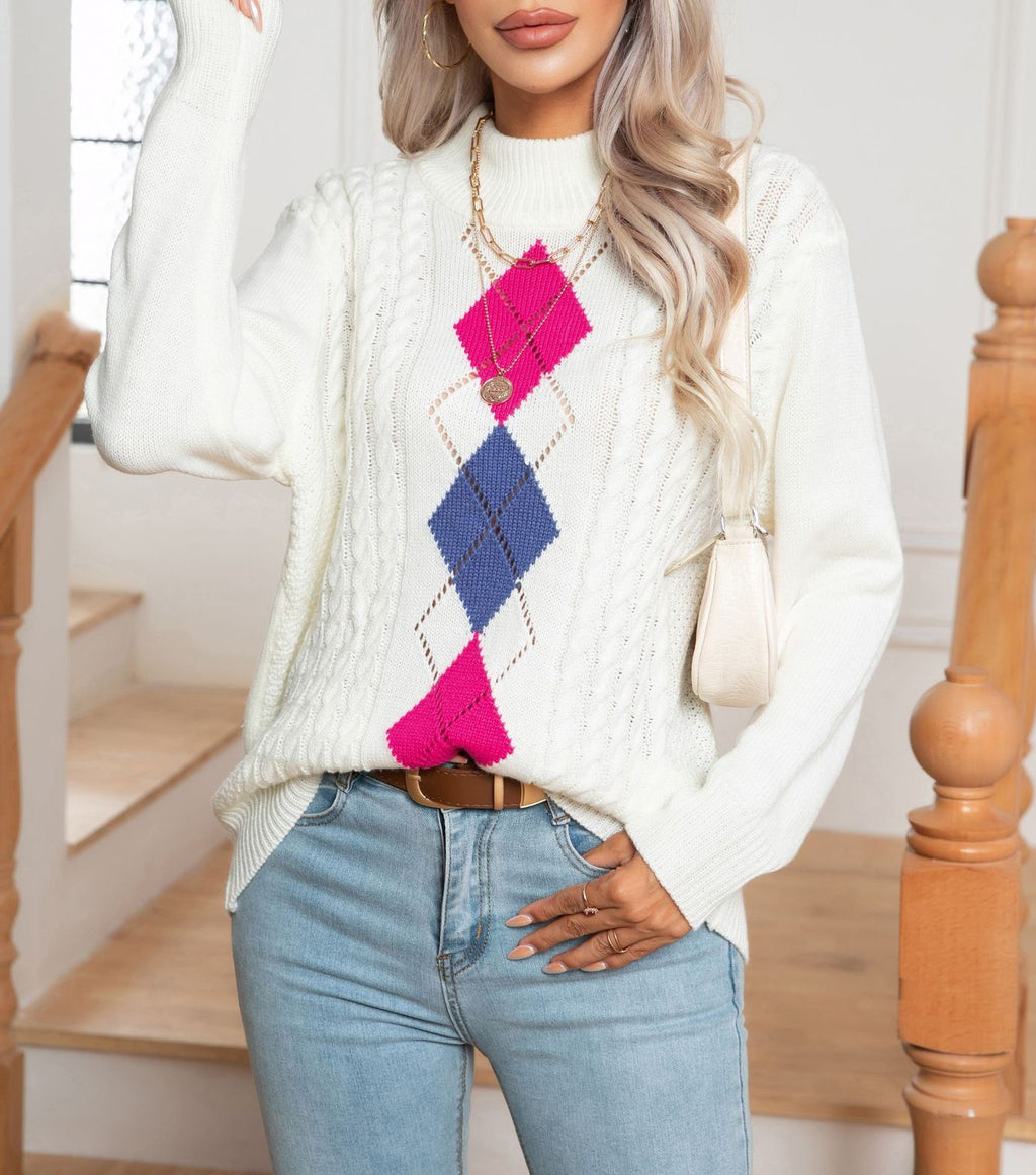 Argyle Diamond Cable Knit Mock Neck Sweater - White