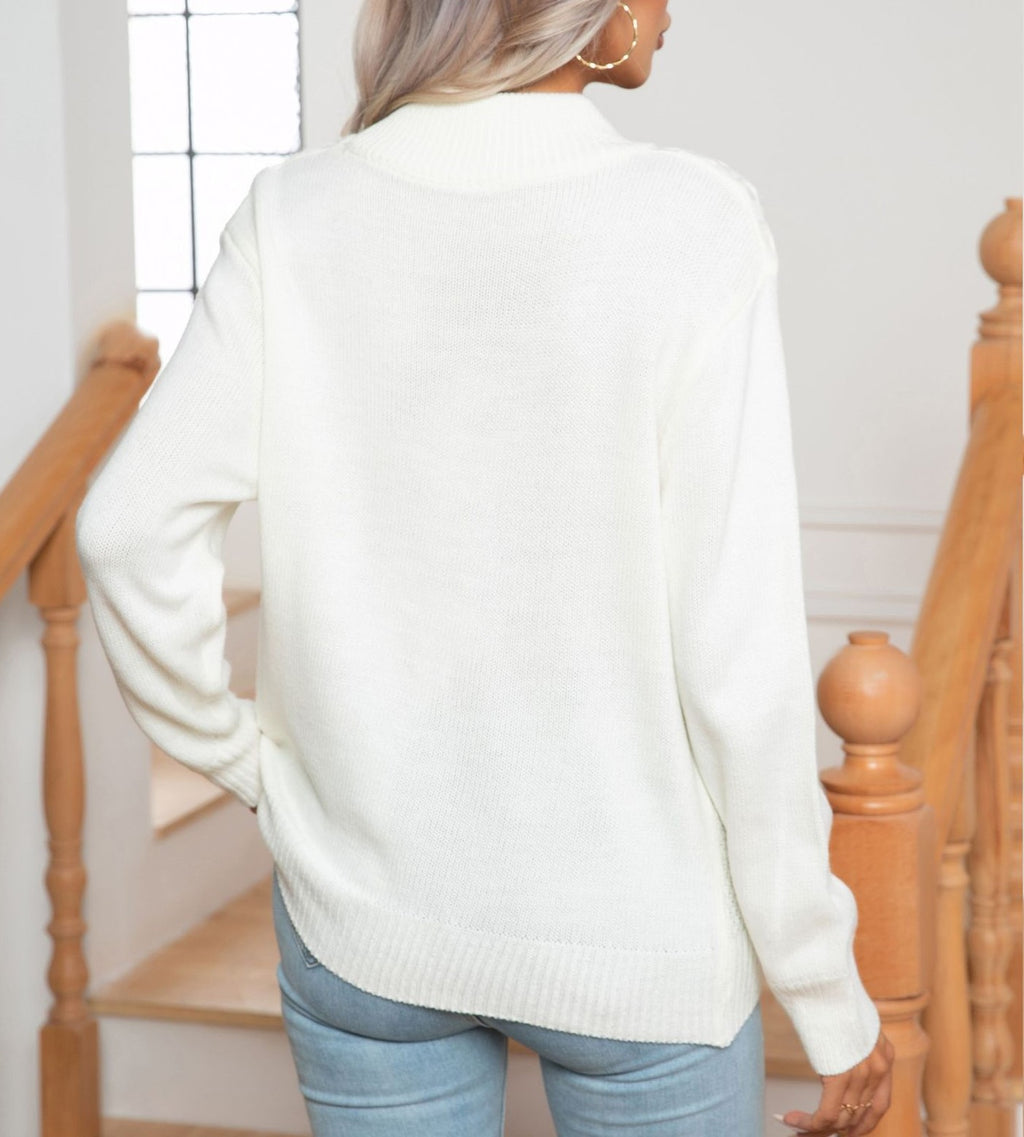 Argyle Diamond Cable Knit Mock Neck Sweater - White - 1