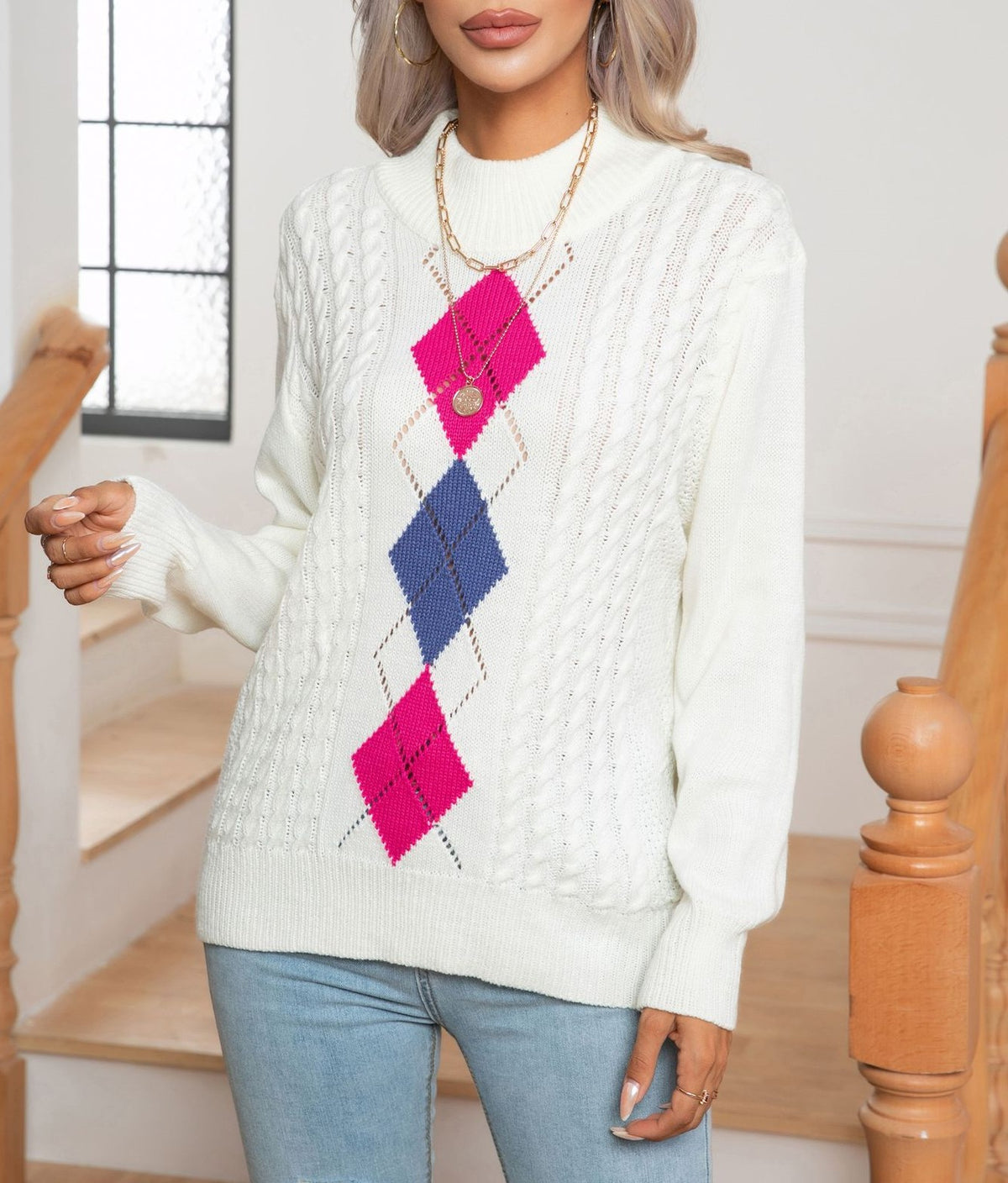 Argyle Diamond Cable Knit Mock Neck Sweater - White - 2