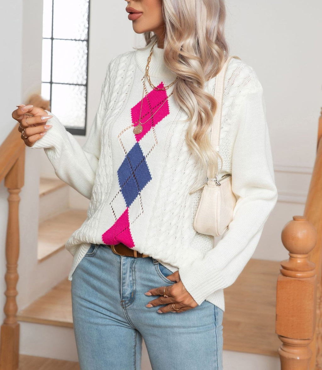 Argyle Diamond Cable Knit Mock Neck Sweater - White - 4
