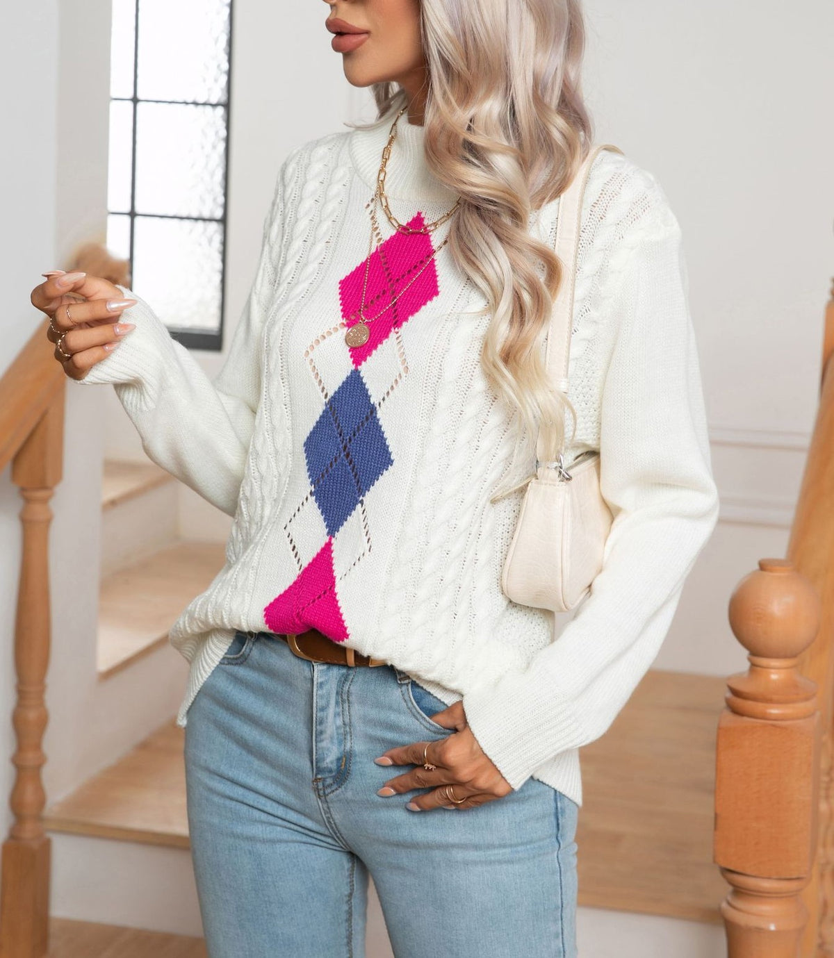 Argyle Diamond Cable Knit Mock Neck Sweater - White - 4