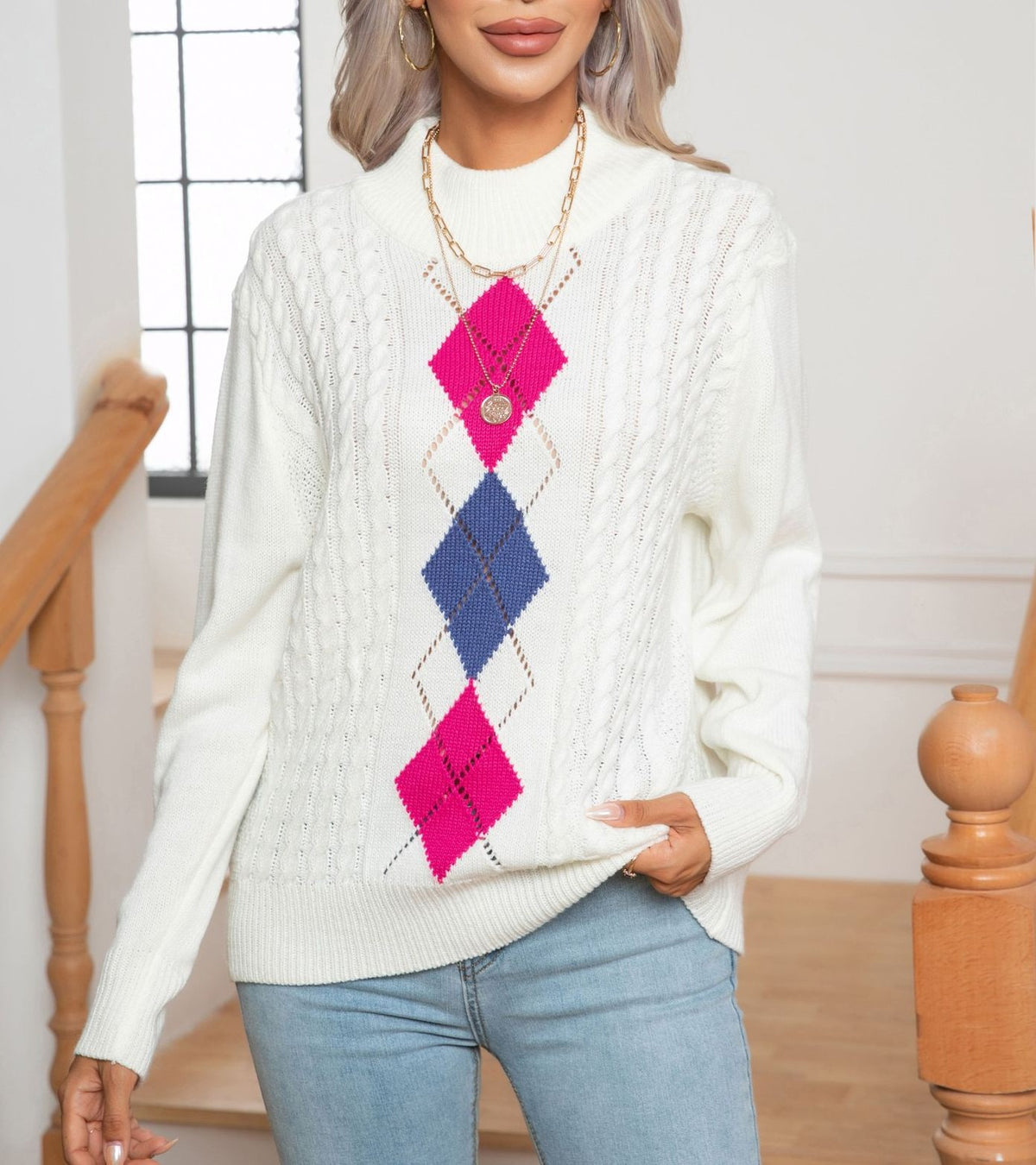 Argyle Diamond Cable Knit Mock Neck Sweater - White - 6