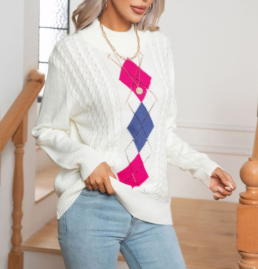 Argyle Diamond Cable Knit Mock Neck Sweater - White - 7