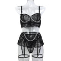 Pearl Trim Lace Balconette Garter Skirt Lingerie Set - Black