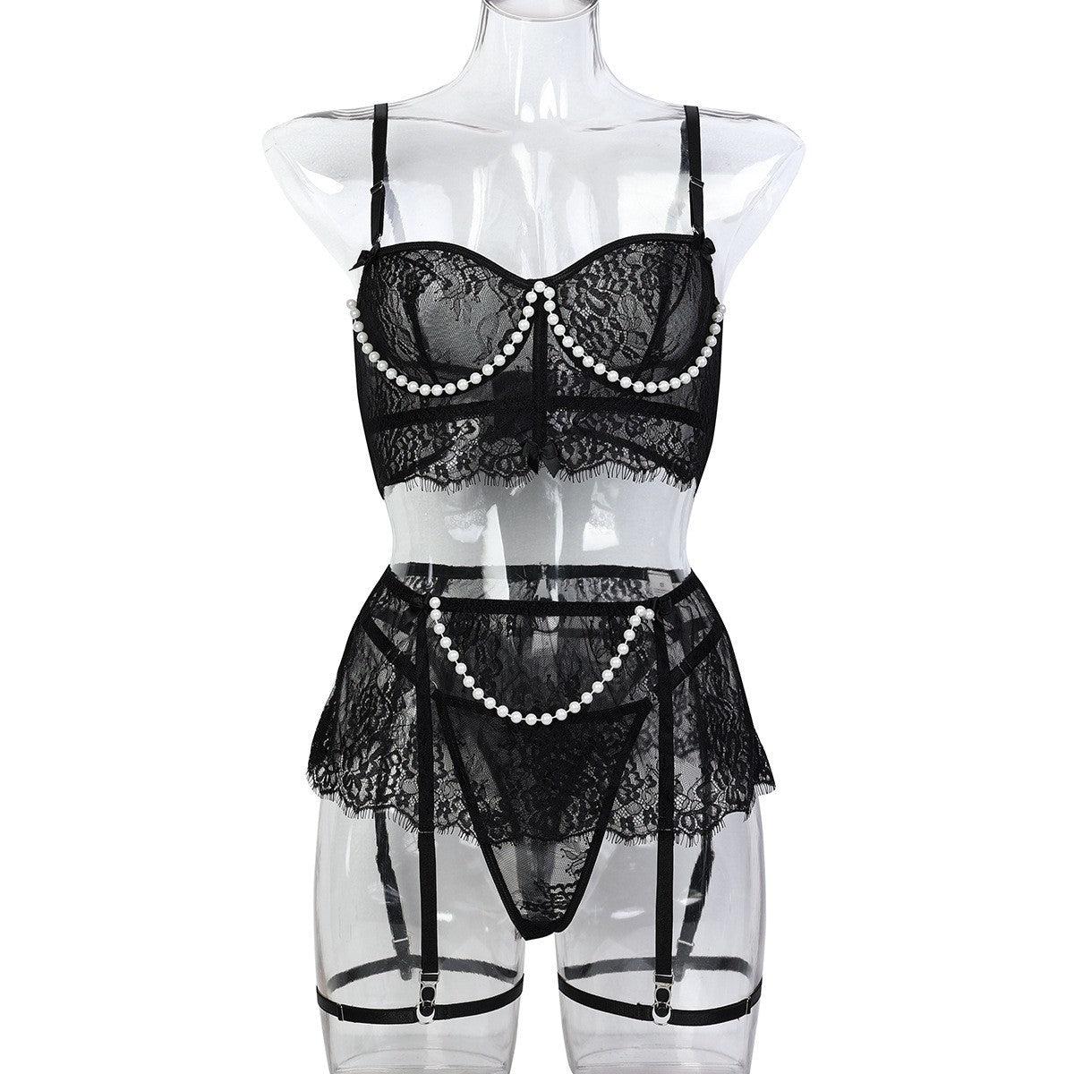Pearl Trim Lace Balconette Garter Skirt Lingerie Set - Black