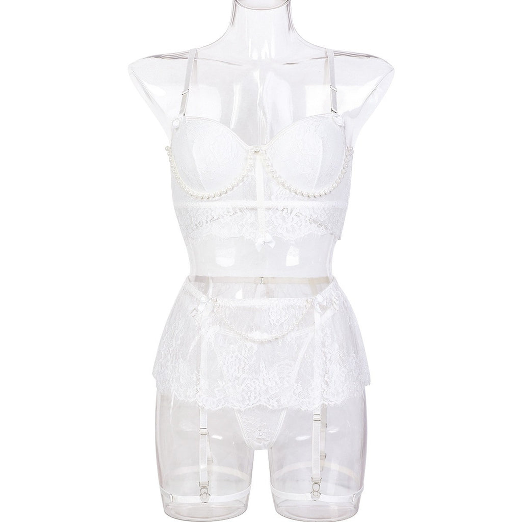 Pearl Trim Lace Balconette Garter Skirt Lingerie Set - White