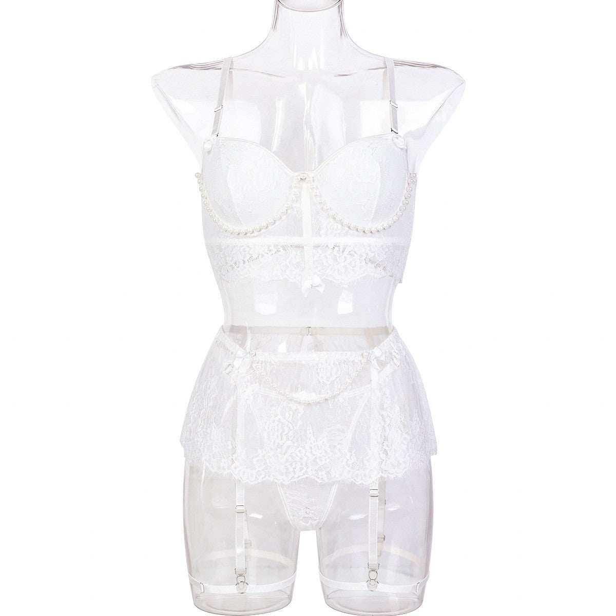 Pearl Trim Lace Balconette Garter Skirt Lingerie Set