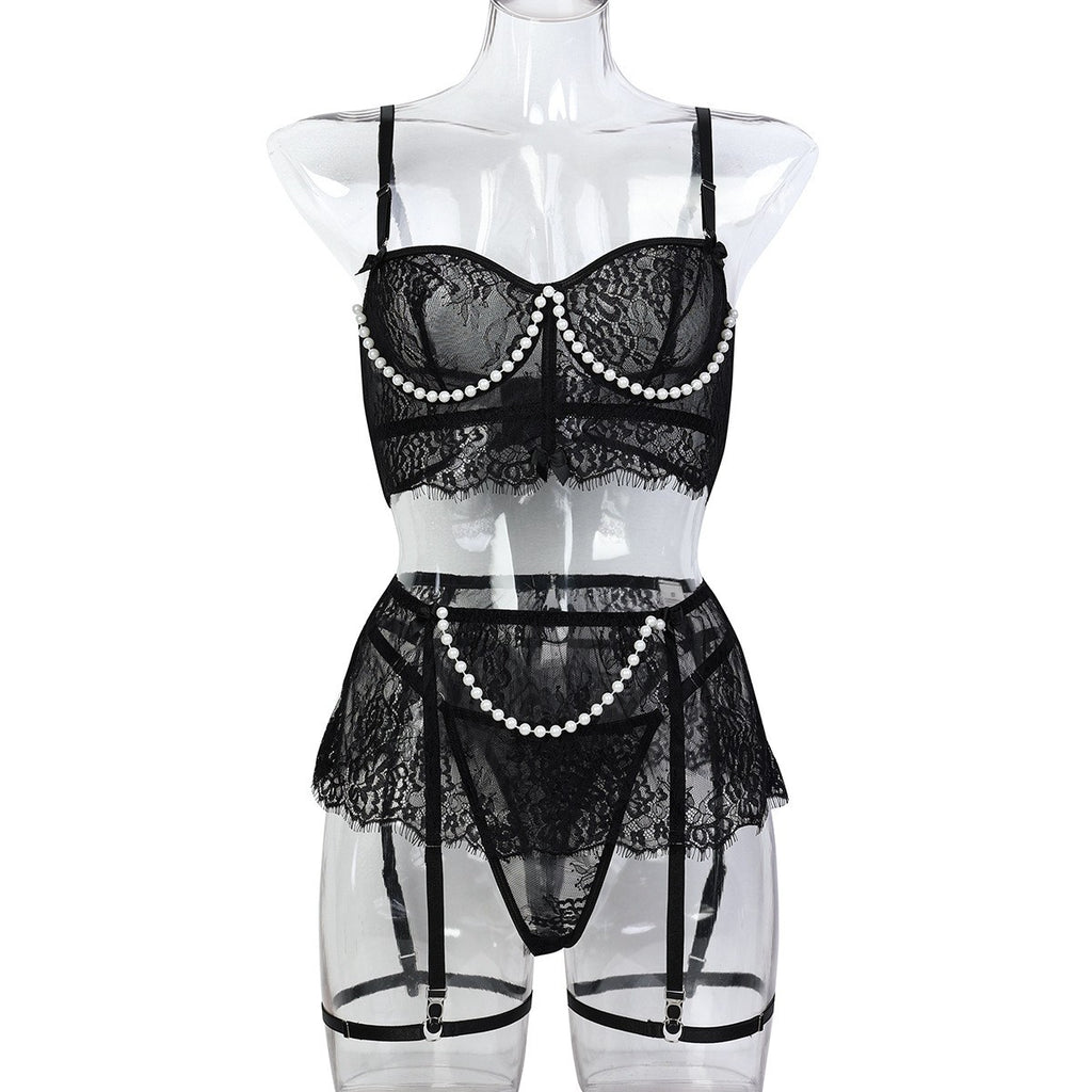 Pearl Trim Lace Balconette Garter Skirt Lingerie Set