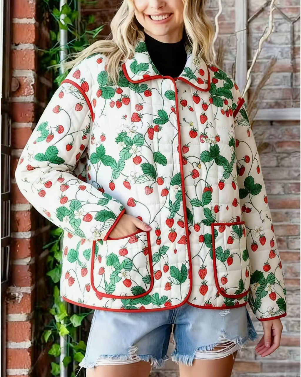 Strawberry Print Quilted Collared Jacket - Decor