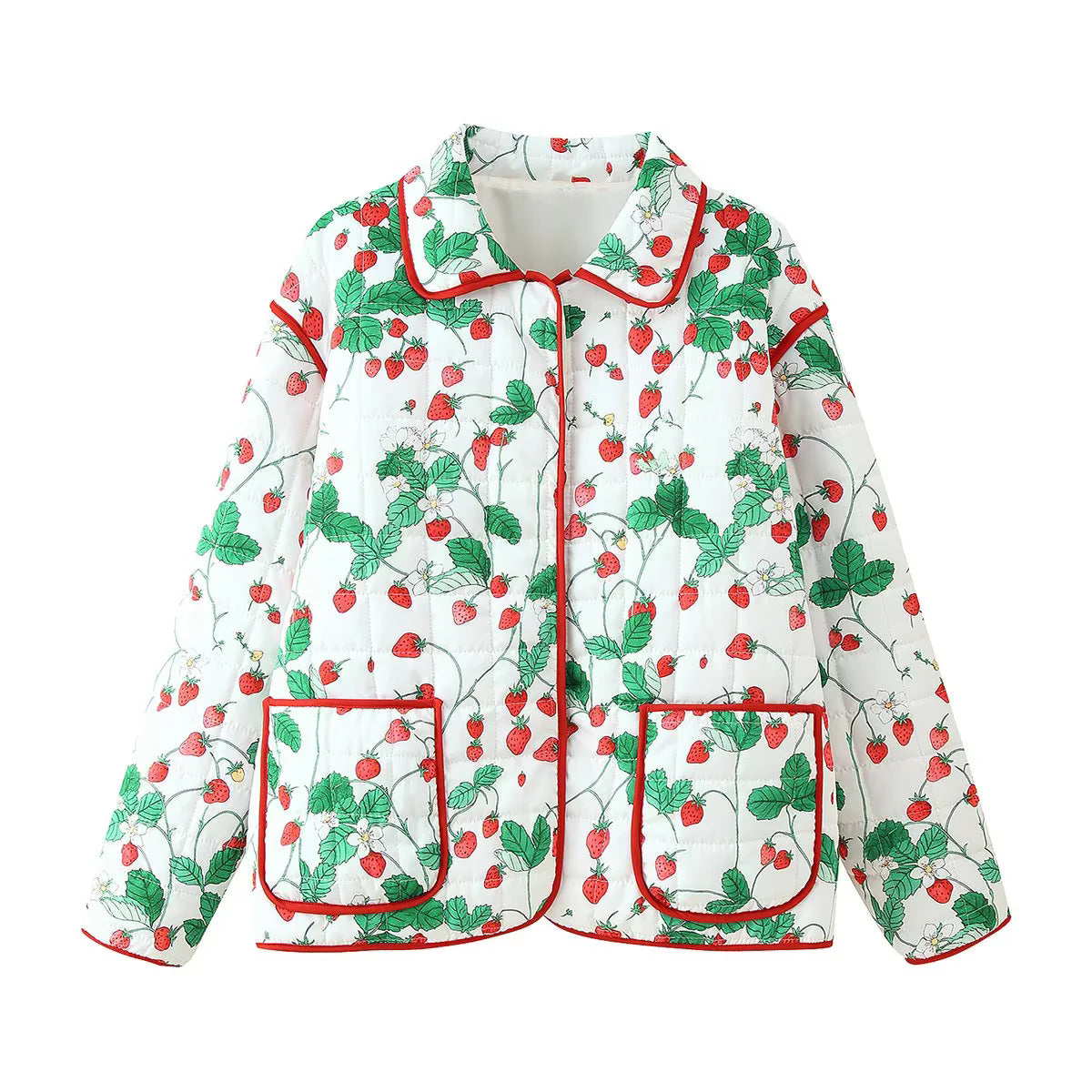 Strawberry Print Quilted Collared Jacket - Decor - 1