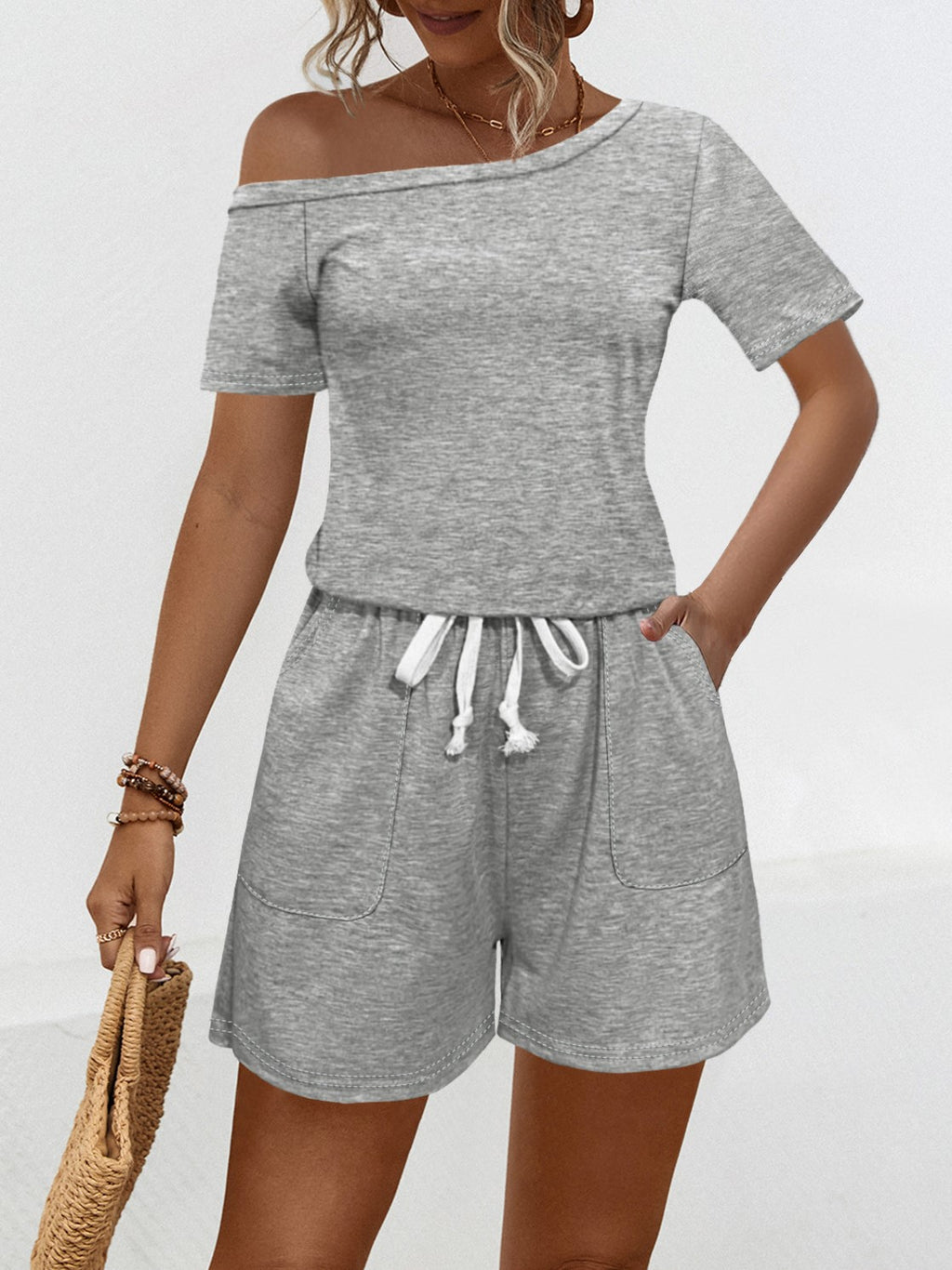 One Shoulder Drawstring Waist Romper - Ash