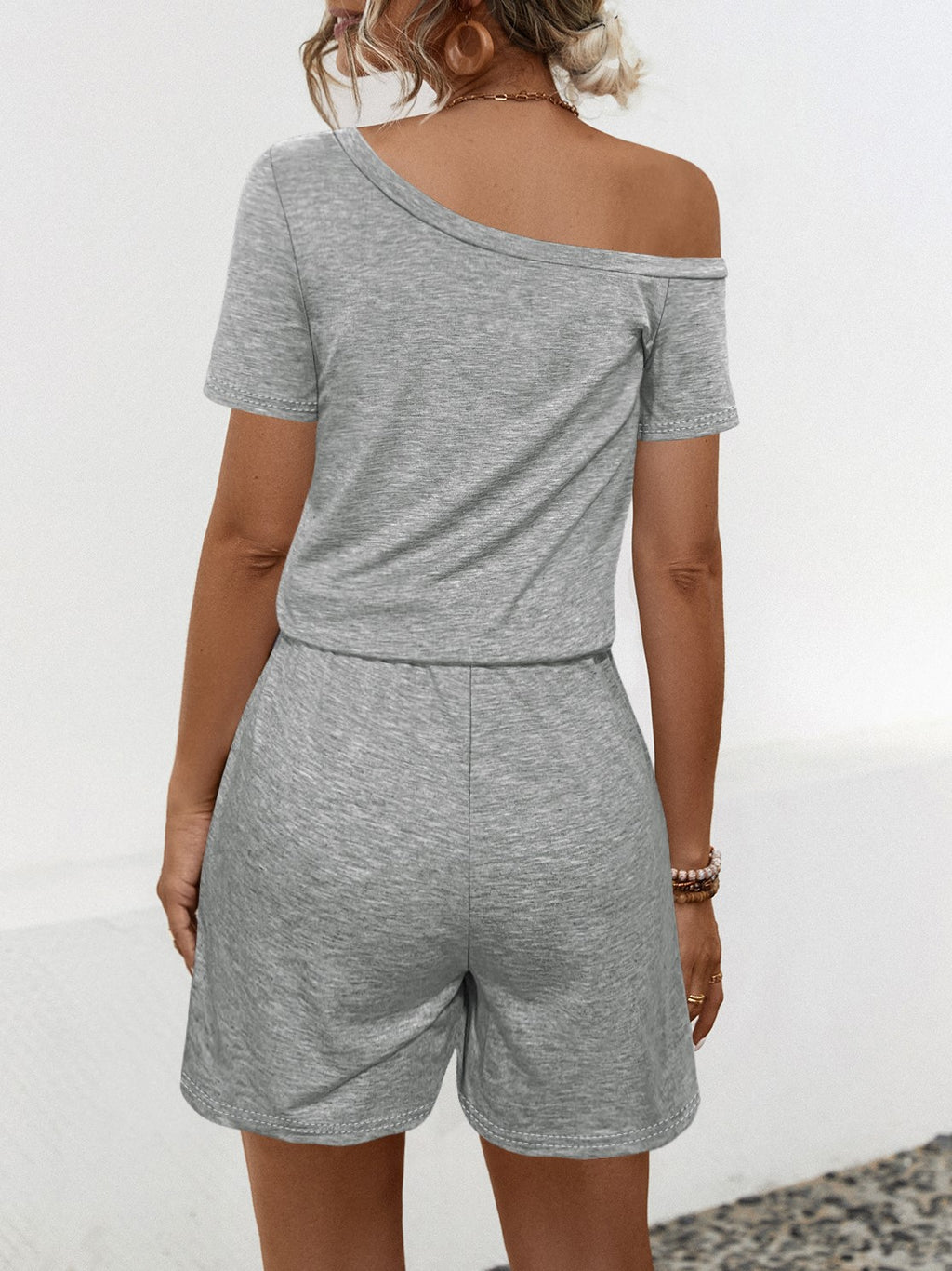 One Shoulder Drawstring Waist Romper - Ash - 1