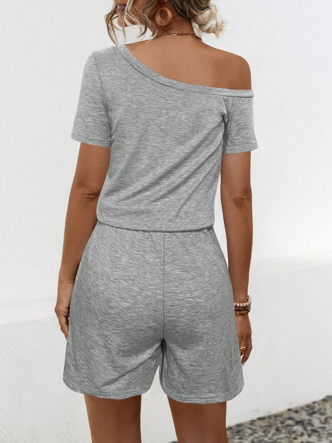 One Shoulder Drawstring Waist Romper - Ash - 1