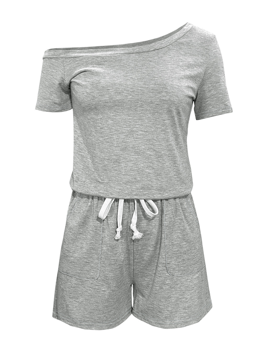 One Shoulder Drawstring Waist Romper - Ash - 2