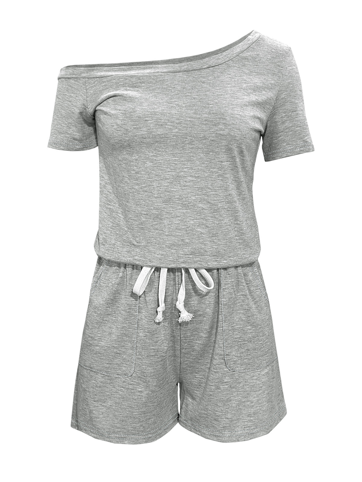 One Shoulder Drawstring Waist Romper - Ash - 2
