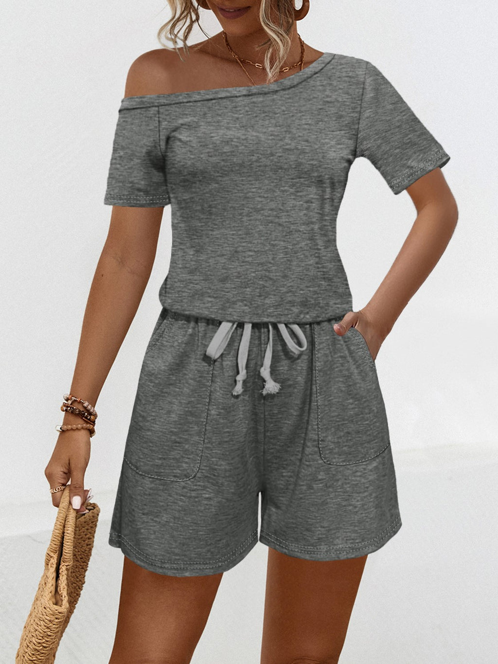 One Shoulder Drawstring Waist Romper - Gray