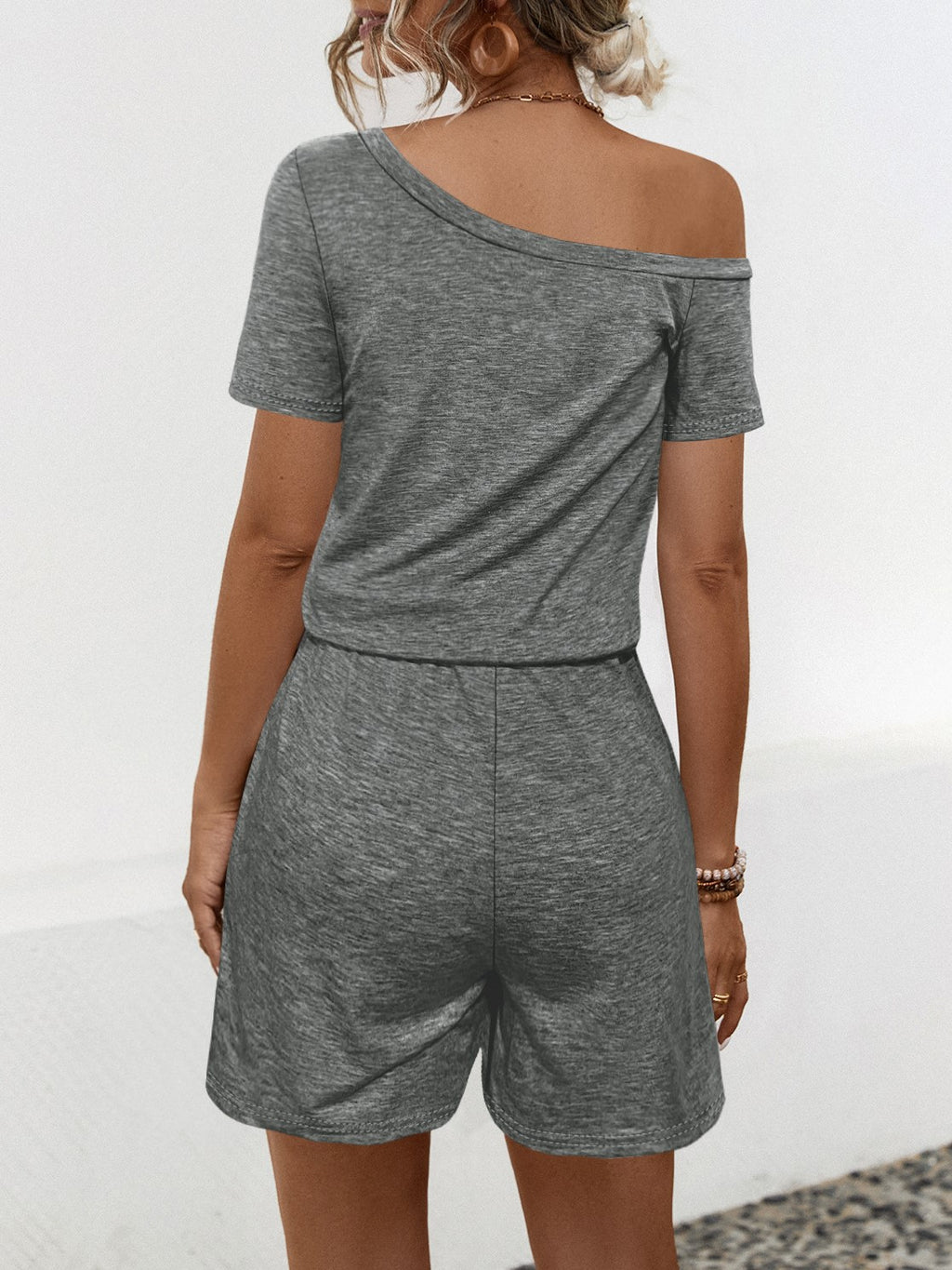 One Shoulder Drawstring Waist Romper - Gray - 1