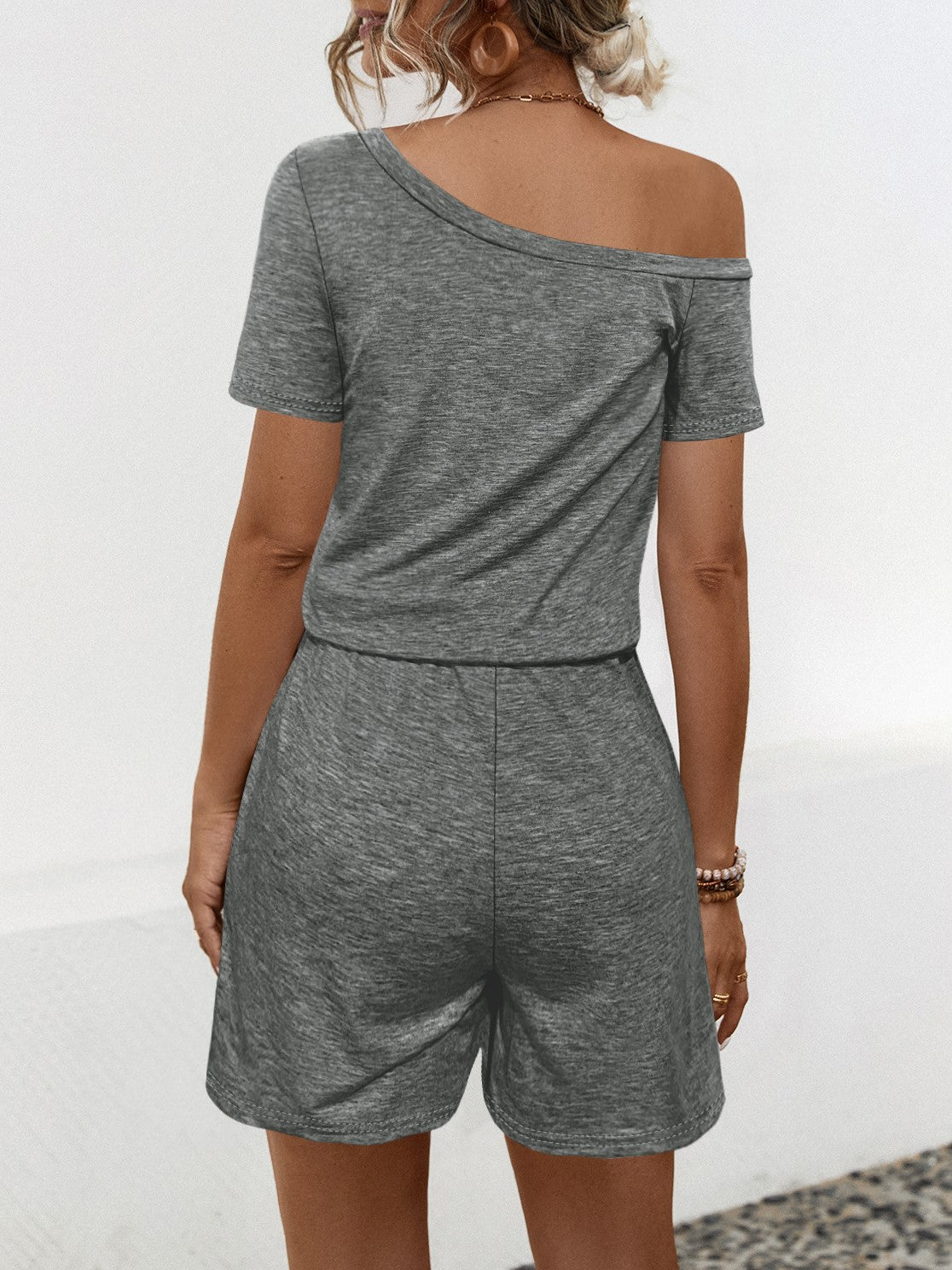One Shoulder Drawstring Waist Romper - Gray - 1