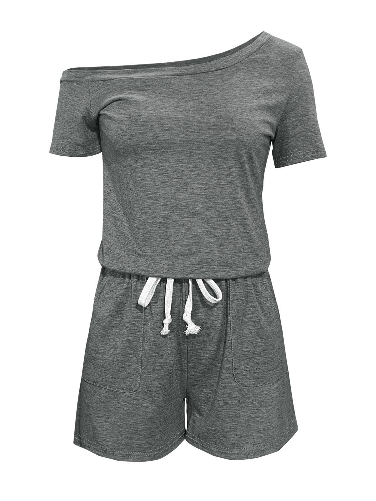 One Shoulder Drawstring Waist Romper - Gray - 2