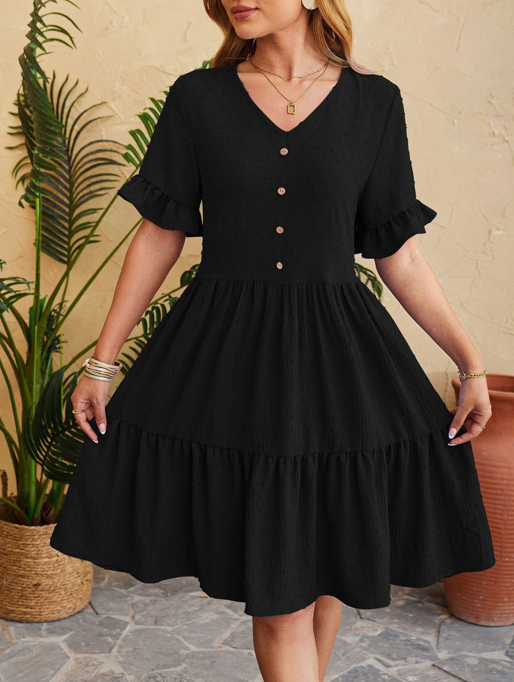 Swiss Dot Button Front Tiered Midi Dress - Black