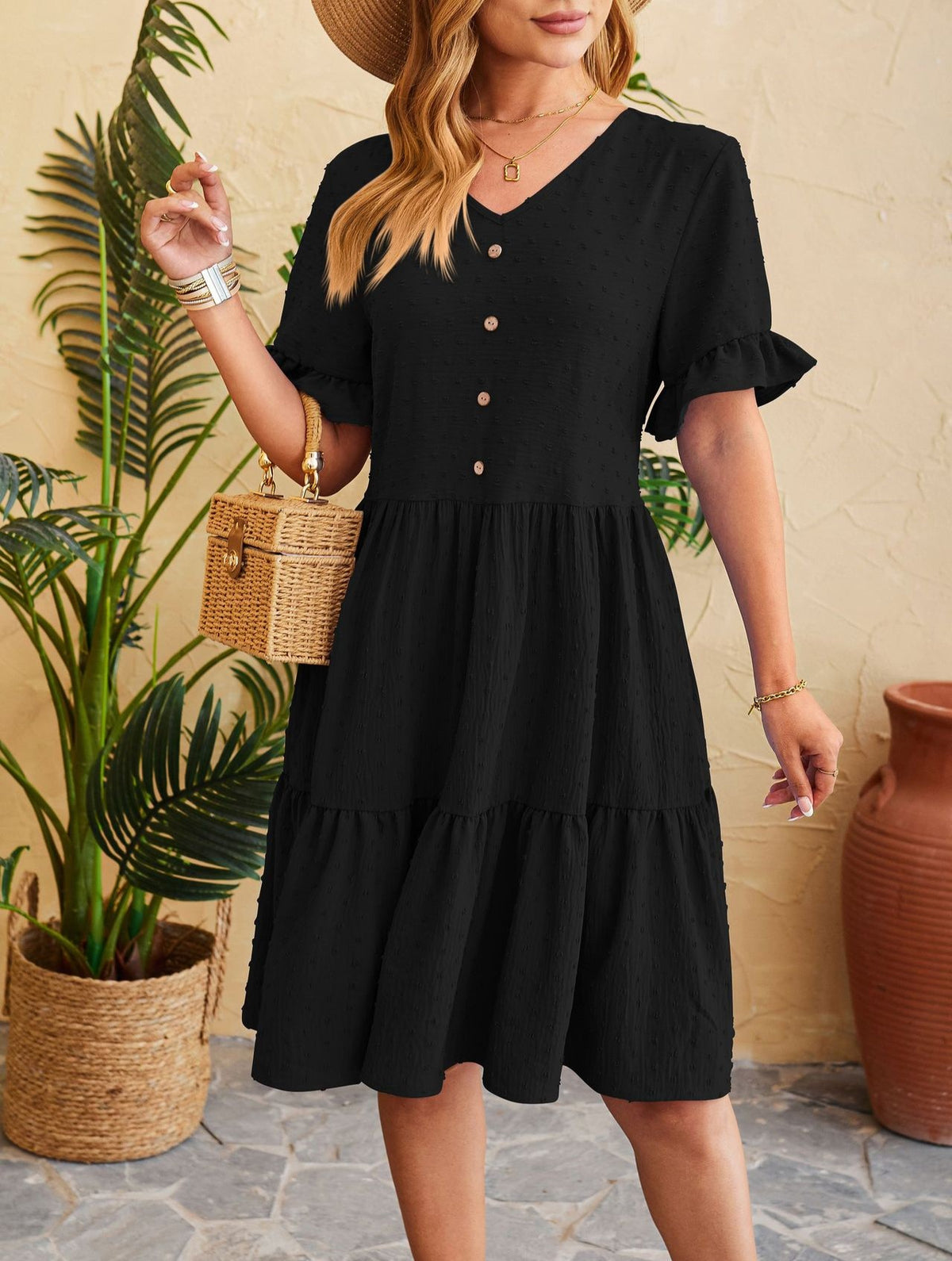 Swiss Dot Button Front Tiered Midi Dress - Black - 1