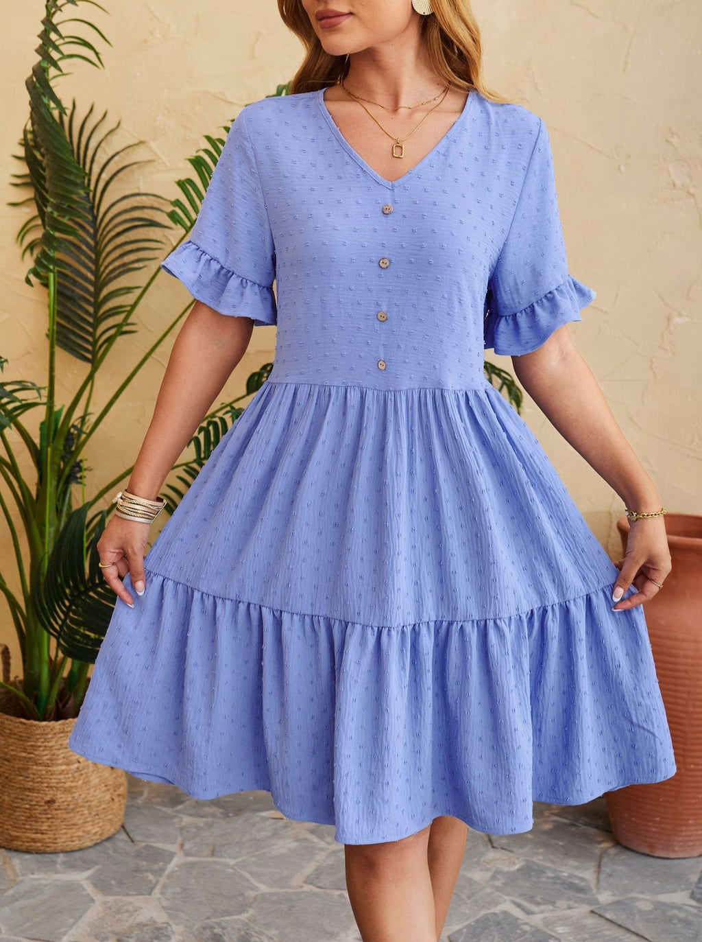 Swiss Dot Button Front Tiered Midi Dress - Blue