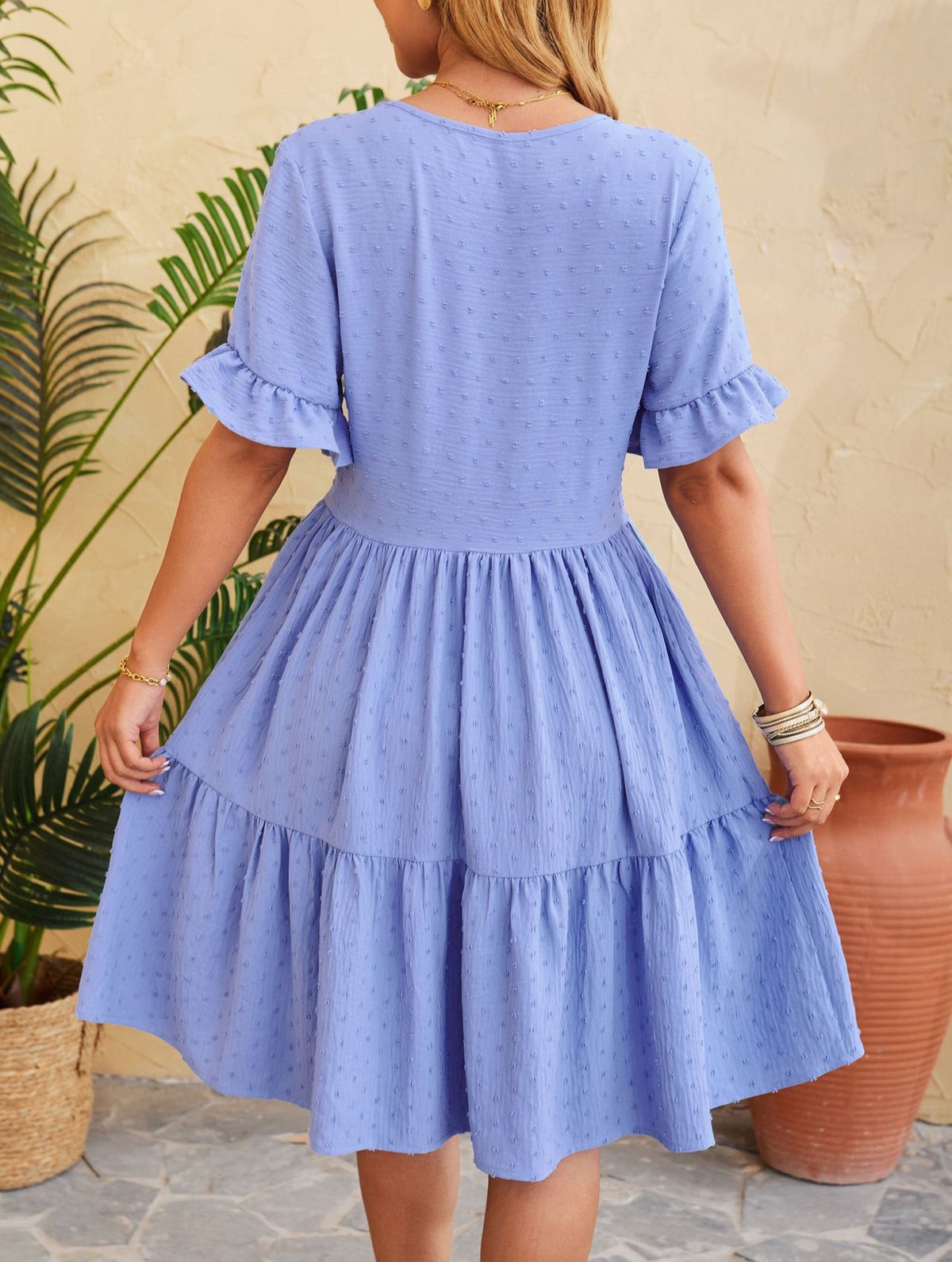 Swiss Dot Button Front Tiered Midi Dress - Blue - 2