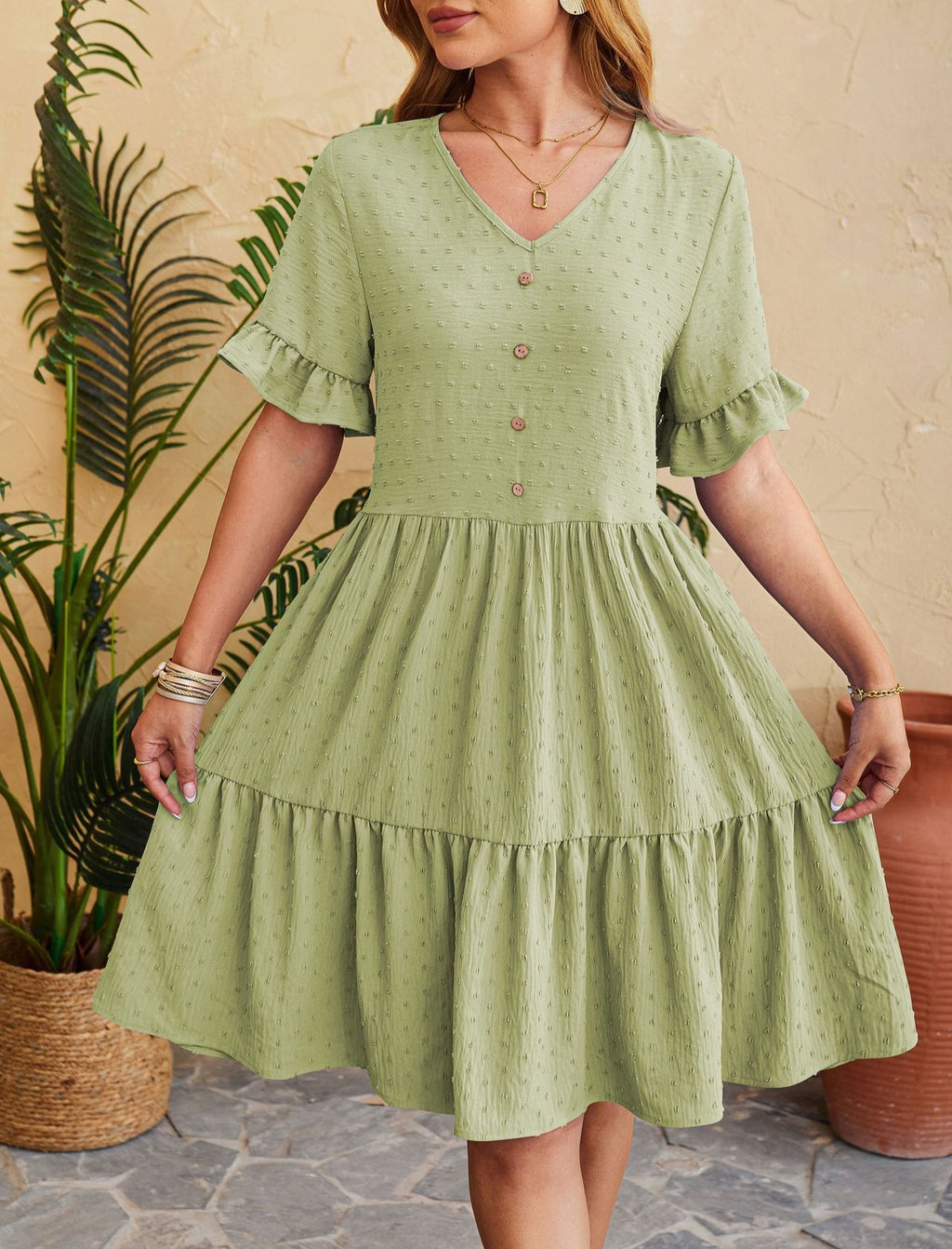 Swiss Dot Button Front Tiered Midi Dress - Green - 1