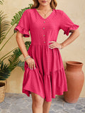 Swiss Dot Button Front Tiered Midi Dress - RoseRed