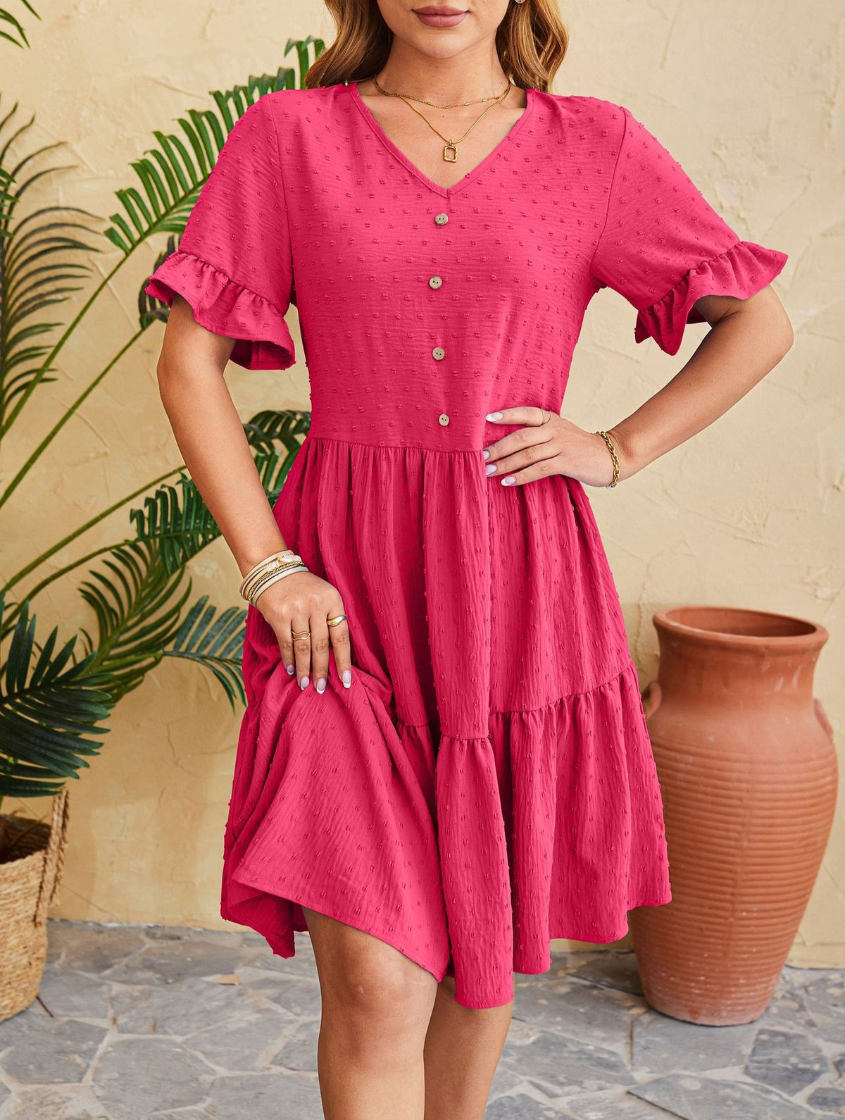 Swiss Dot Button Front Tiered Midi Dress - RoseRed