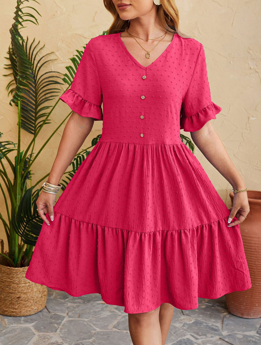 Swiss Dot Button Front Tiered Midi Dress