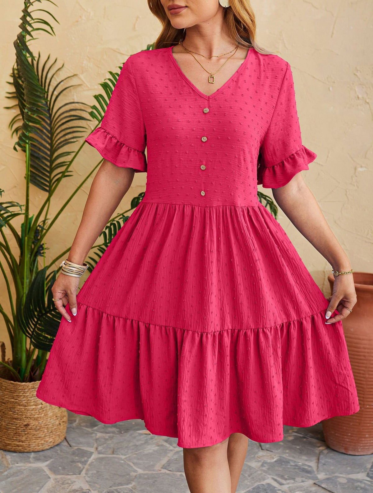 Swiss Dot Button Front Tiered Midi Dress