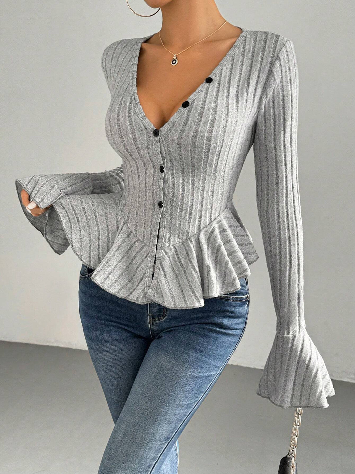 Ribbed Button Front Peplum Flare Sleeve Top - Grey