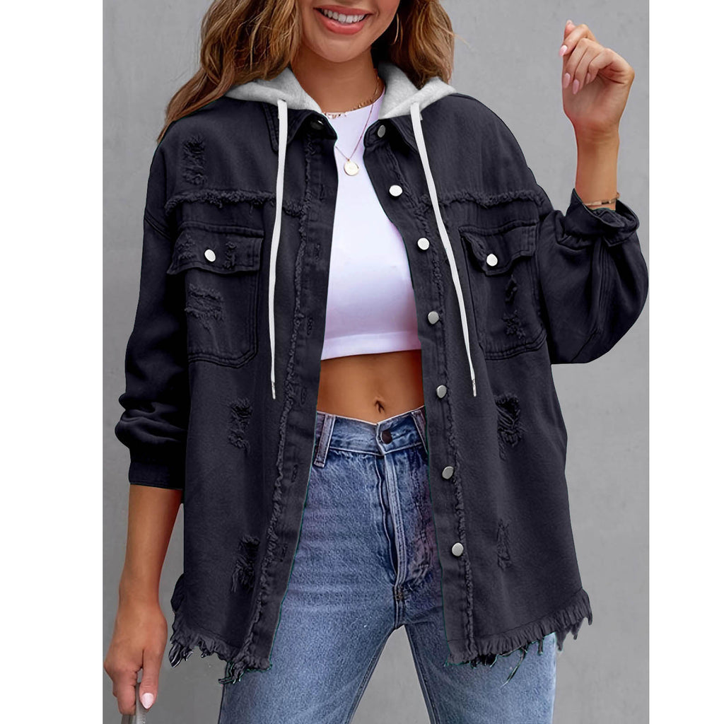 Oversized Frayed Denim Hooded Jacket - Black