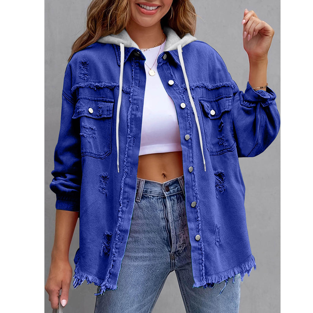 Oversized Frayed Denim Hooded Jacket - Blue